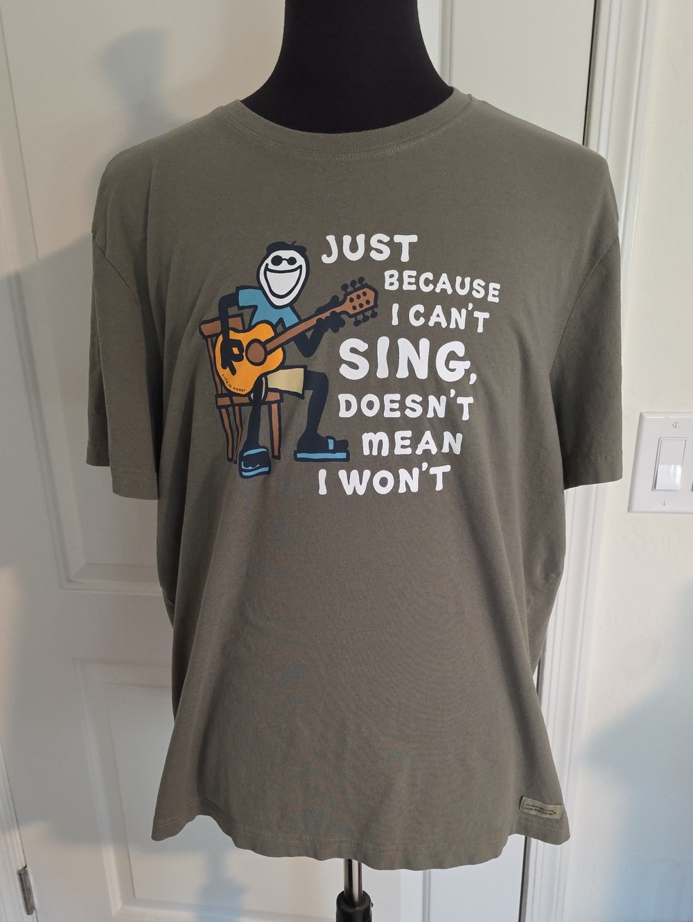 Life Is Good Olive Green Men's Graphic Tee - Guitar Slogan